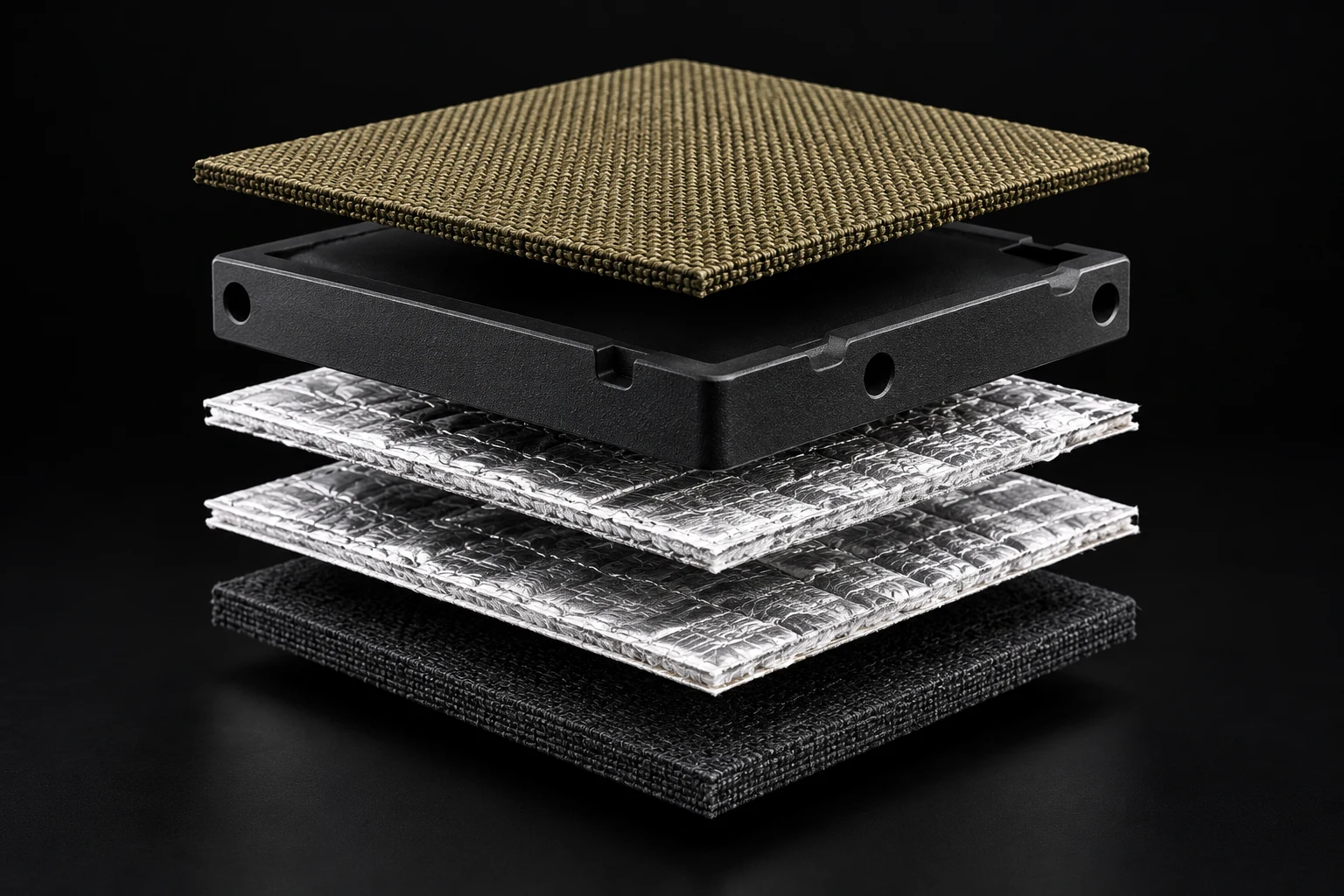 Exploded construction with olive Cordura textile above a black Kydex tray, silver thermal protection material, and black inner lining