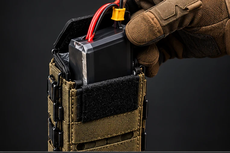 A gloved hand inserting a LiPo battery into the open sleeve