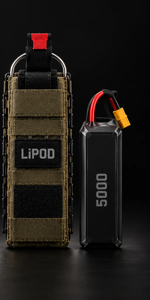 LiPOD 5000 sleeve concept paired with a standalone 5000 mAh class LiPo battery