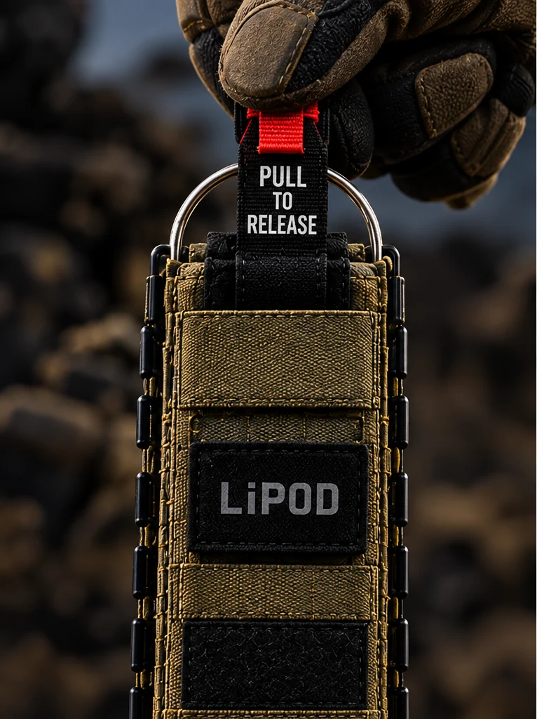 Gloved hand lifting the red-tipped RIPCORD tab on the original LiPOD cable release concept