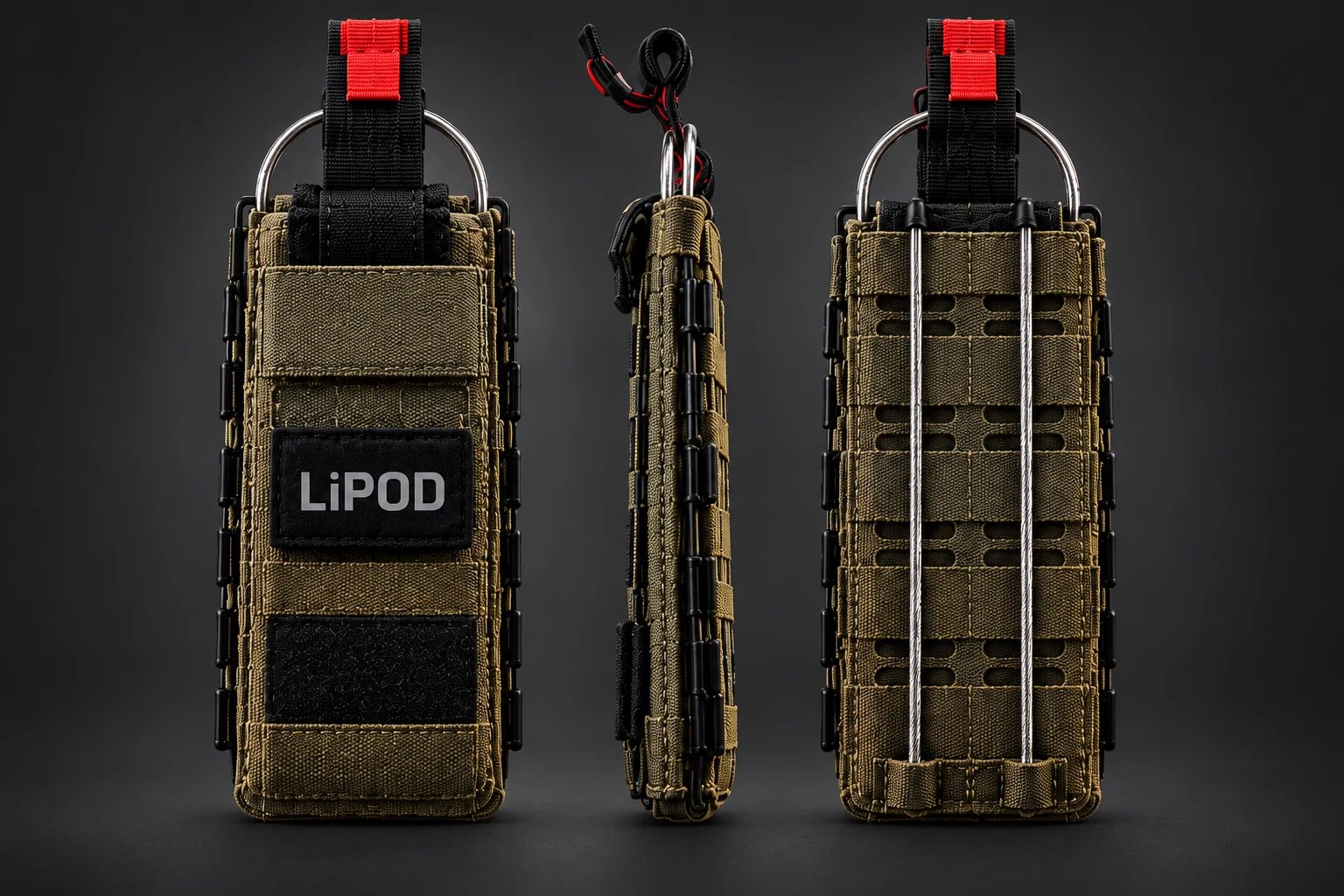 LiPOD front, slim side, and rear views, including horizontal webbing and two stainless-steel sheathed attachment cables